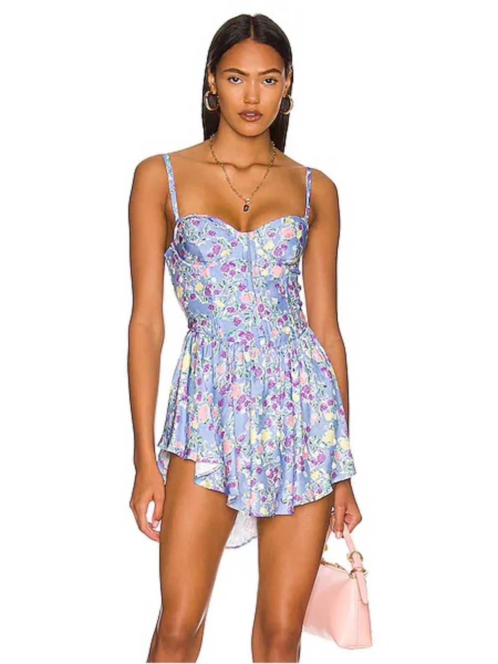 For Love & Lemons Charlene Floral Mini Dress Blue Purple Corset Bustier - Size S